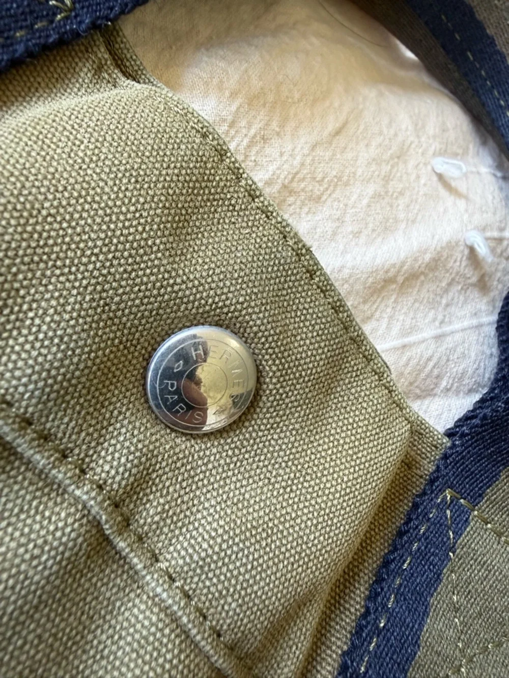Hermes Olive Canvas tote with Navy Trim